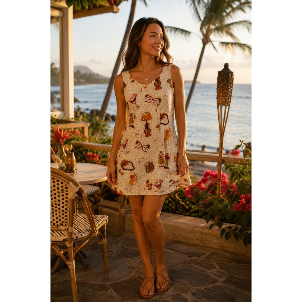 The Hawaiian Original Tiki Novelty‎ Print Cotton Mini Dress Tan Size 8